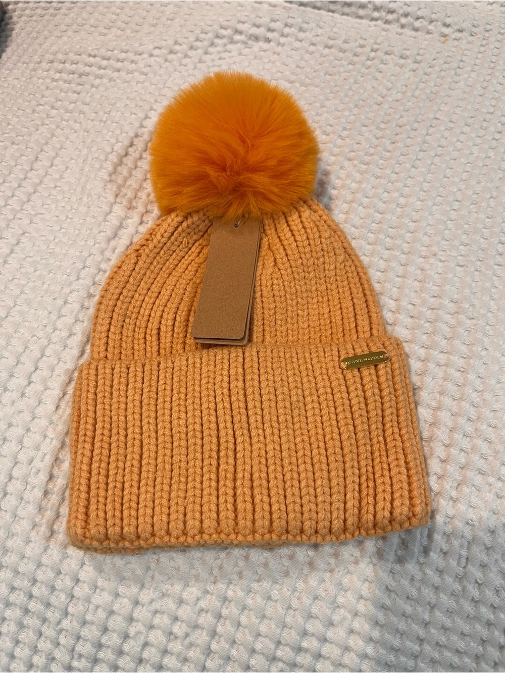 Steve Madden Ribbed Pom Beanie in Mustard